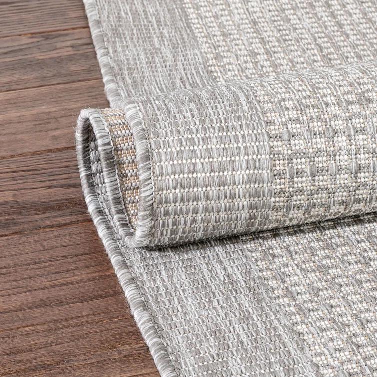 Medusa Clesha Solid Striped Border Indoor Outdoor Gray Ivory Flatweave Rug
