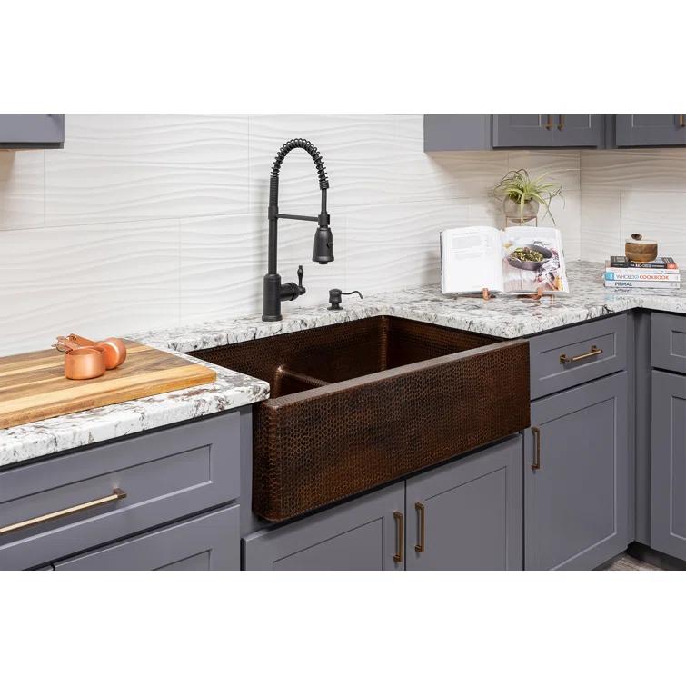 33" Hammered Copper Kitchen Apron 50/50 Double Basin Sink with Short 5" Divider w/ Matching Drains and Accessories