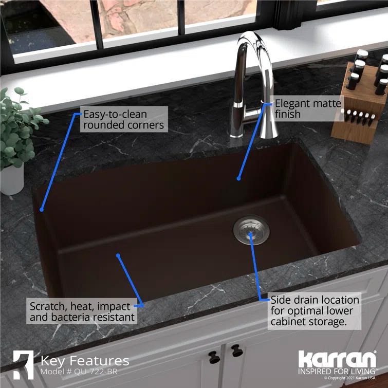Karran Undermount Quartz Composite 33-1/2'' X 21'' Single Bowl Kitchen Sink