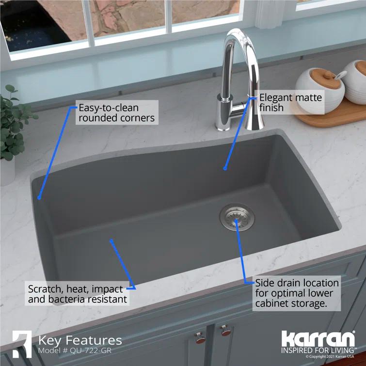 Karran Karran Undermount Quartz Composite 33-1/2'' X 21'' Single Bowl Kitchen Sink QU-722-GR