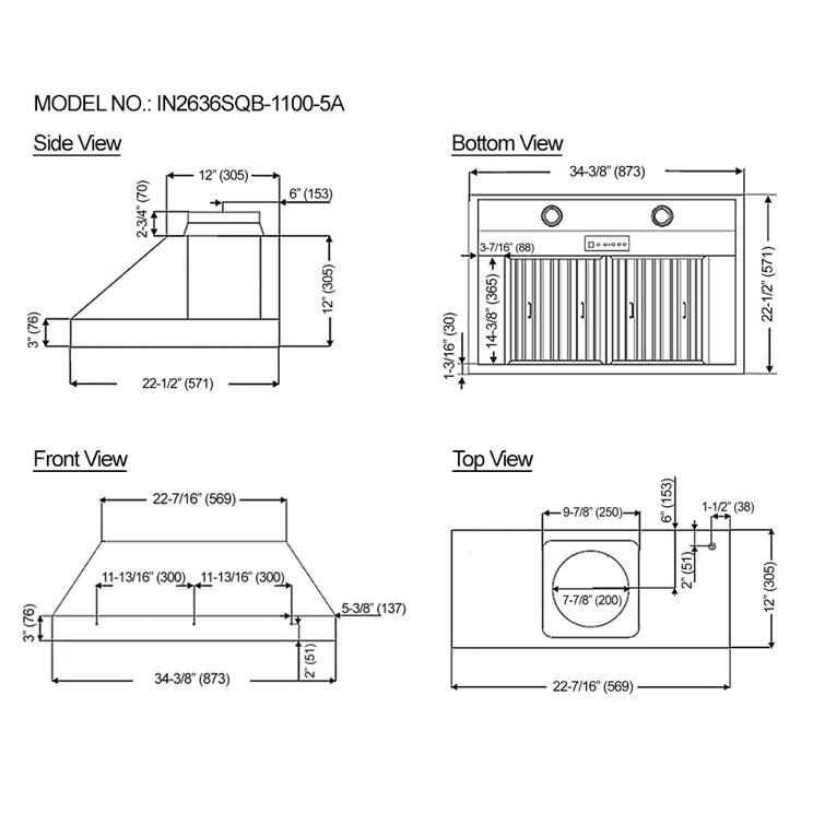 Kobe Range Hoods 36" Stainless Steel 1100 CFM Ducted (Vented) Insert Range Hood with Baffle Filter
