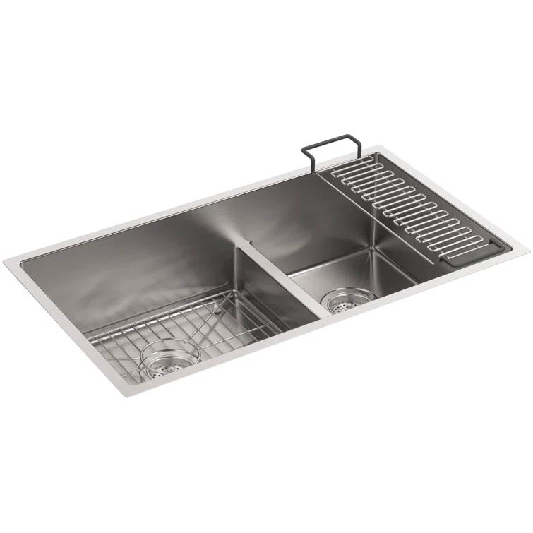 Strive 32" L x 18-5/16" W x 9-5/16" Smart Divide Under-Mount Large/Medium Double-Bowl Kitchen Sink with Basin Rack