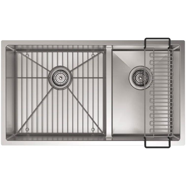 Strive 32" L x 18-5/16" W x 9-5/16" Smart Divide Under-Mount Large/Medium Double-Bowl Kitchen Sink with Basin Rack