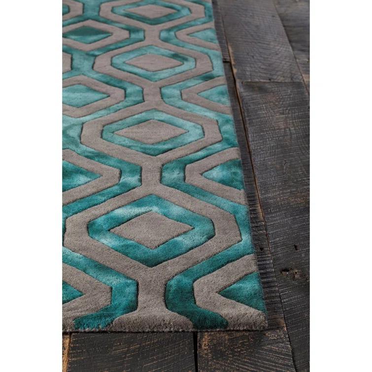 Fran Geometric Handmade Tufted Wool Area Rug in Teal/Gray