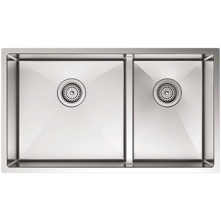 Strive 32" L x 18-5/16" W x 9-5/16" Smart Divide Under-Mount Large/Medium Double-Bowl Kitchen Sink with Basin Rack