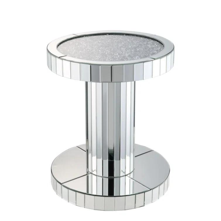 Round Silver Wood and Glass Mirrored End Table
