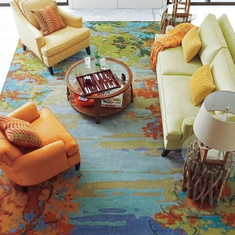 Landscape Floral Handmade Tufted Wool Teal/Yellow/Blue Area Rug
