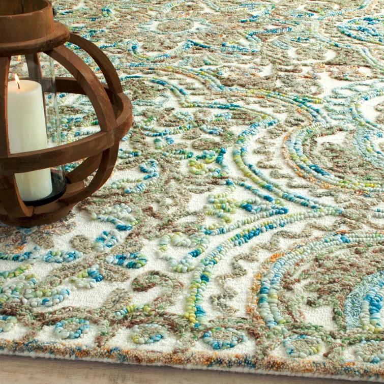 Agra Damask Handmade Tufted Wool Beige/Blue Area Rug