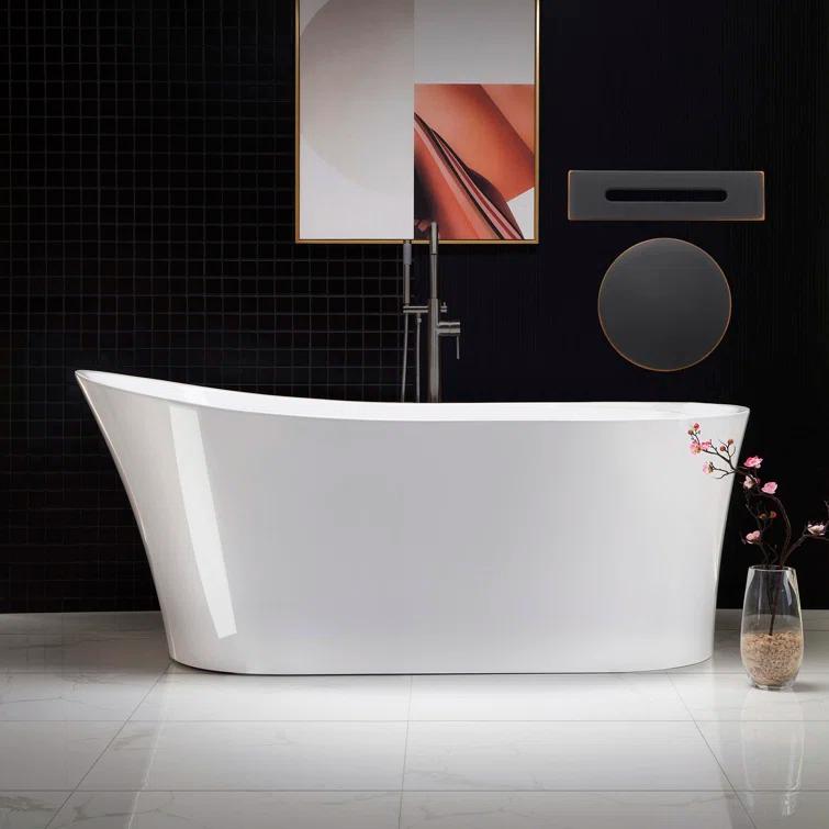 WoodBridge 67" x 32" Freestanding Soaking Acrylic Single Slipper Bathtub with Reversible Drain B0084-ORB-Drain &O