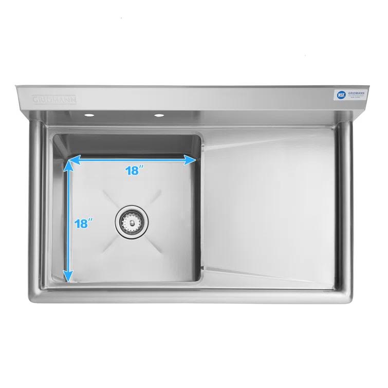 18 Inch Right Drainboard NSF Stainless Steel Sink By GRIDMANN