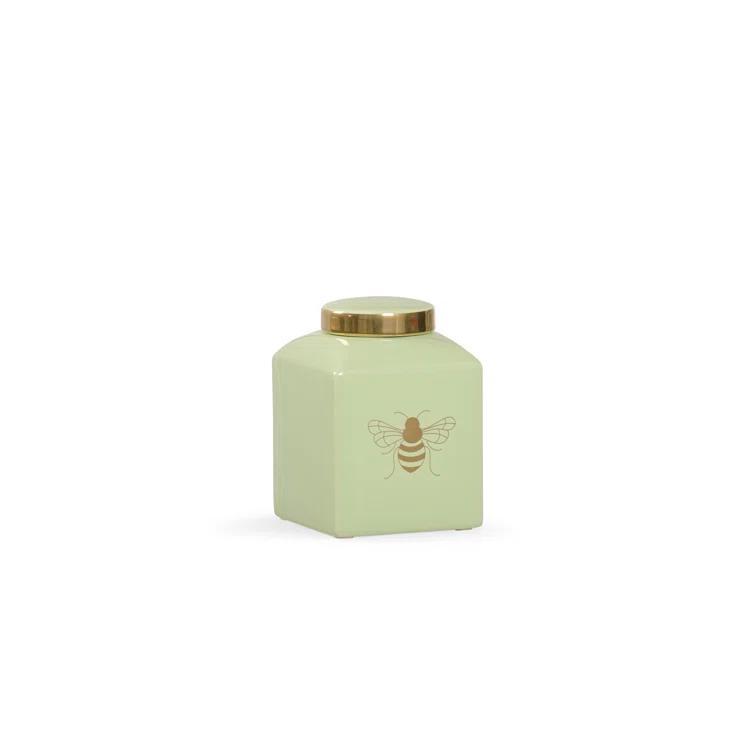 Light Green and Gold Ceramic Ginger Jar with Royal Bee Design