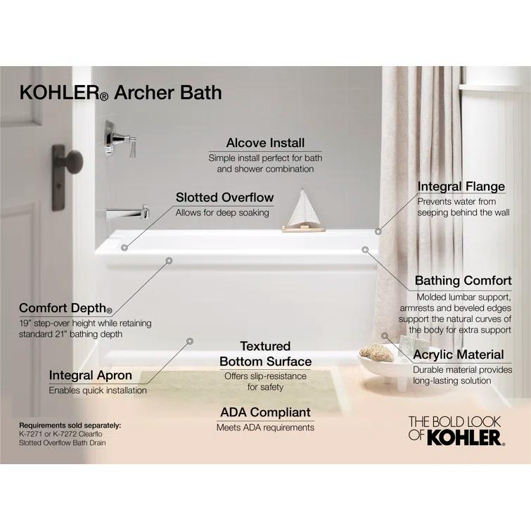 Archer® 60" x 32" Acrylic Alcove Soaking Bathtub with Comfort Depth