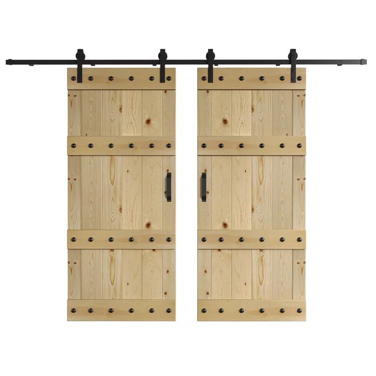 Castle Series Pine Wood Double Sliding Barn Door with Hardware Kit