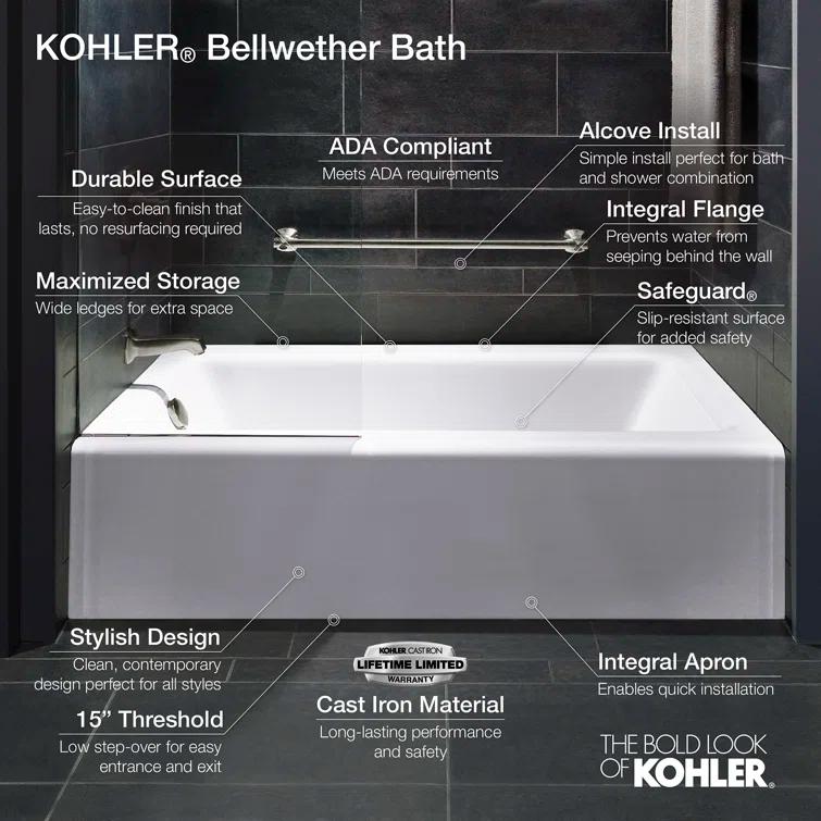 Kohler Avec 60 In. X 32 In. Alcove Bath, Right Drain K-25831-RA-0