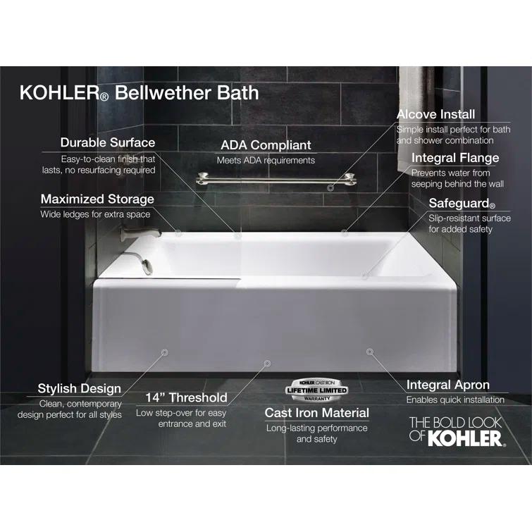 Bellwether® 60" x 30.25" Alcove Soaking Cast Iron Bathtub