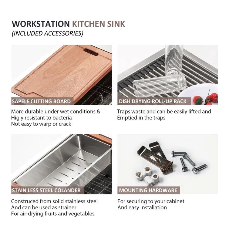 Sarlai S-LUS3319A1 33" L x 19" W Undermount Kitchen Sink Single Bowl 16 Guage Stainless Steel Workstation Sink with Accessories