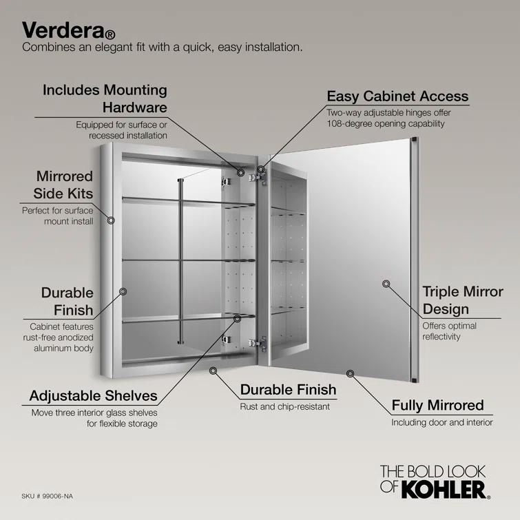 Verdera® Recessed or Surface Mount Frameless Medicine Cabinet with 3 Adjustable Shelves
