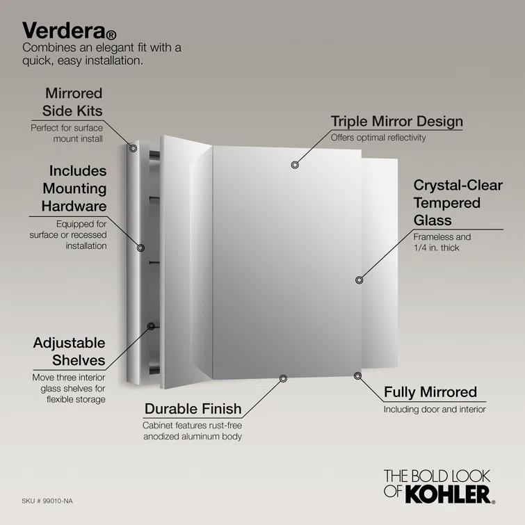 KOHLER Verdera® Aluminum Triple-Door Medicine Cabinet, Frameless with Adjustable Shelves