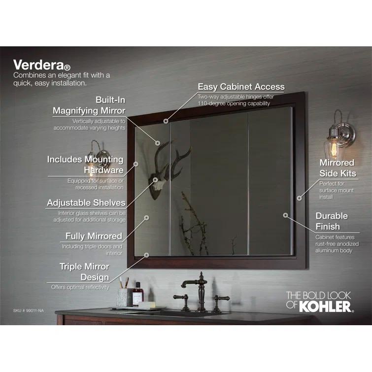 KOHLER Verdera® Aluminum Triple-Door Medicine Cabinet, Frameless with Adjustable Shelves