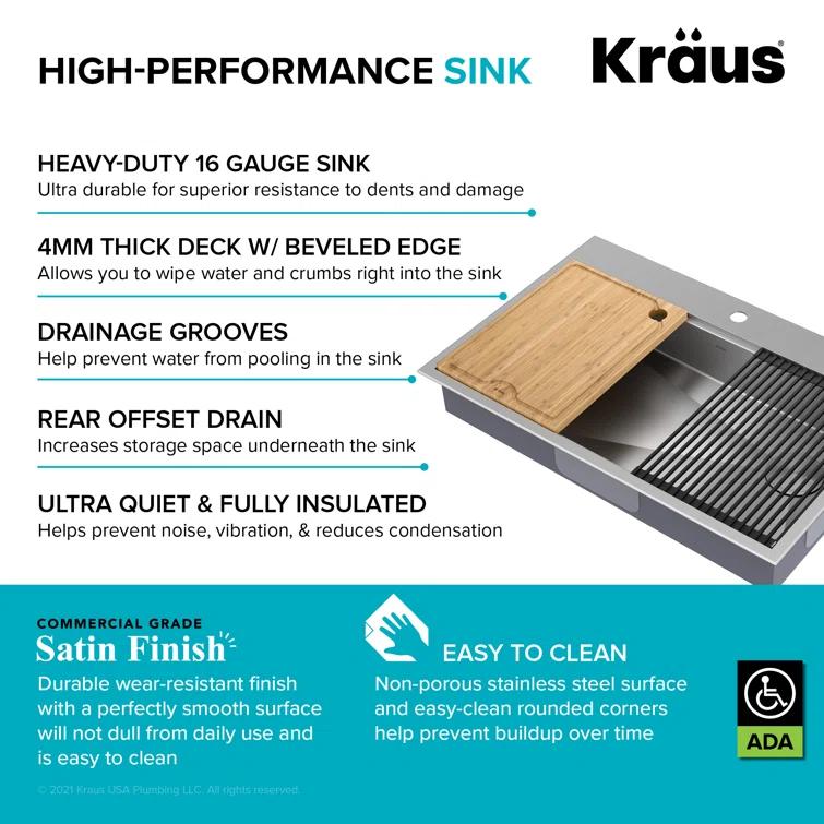 Kraus KWT310-33/5.5 Kore™ ADA Workstation 33" L Drop-In Top Mount 16 Gauge Stainless Steel Single Bowl Kitchen Sink with Accessories