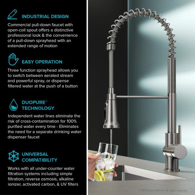 KRAUS Britt 2-In-1 Commercial Style Pull-Down Single Handle Water Filter Kitchen Faucet In Spot-Free With Purita 2-Stage Under-Sink Filtration System