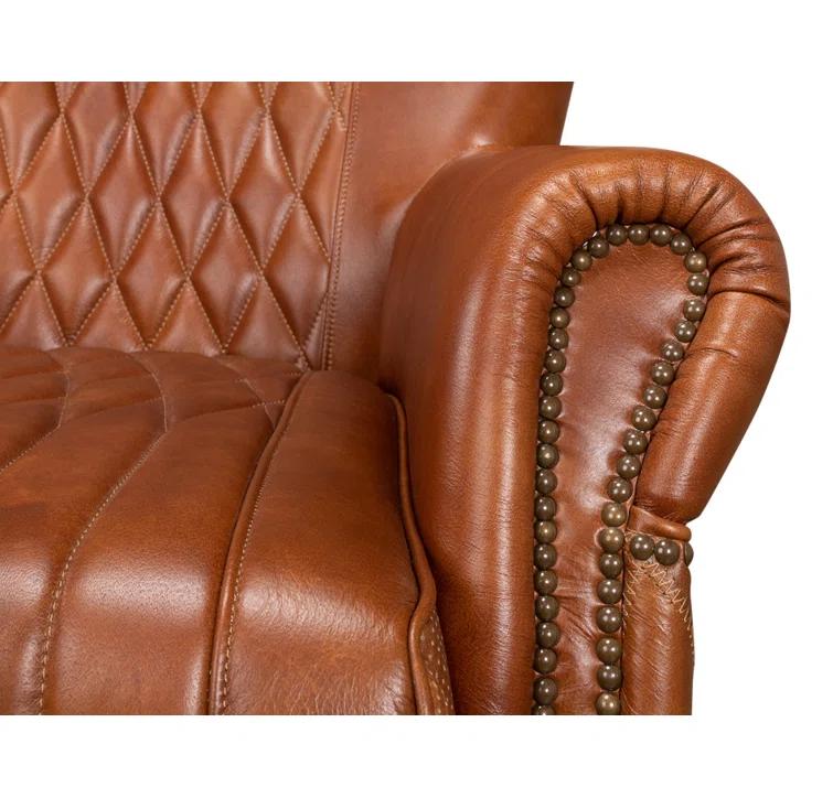 Transitional Bugatti Brown Leather & Wood Wingback Arm Chair