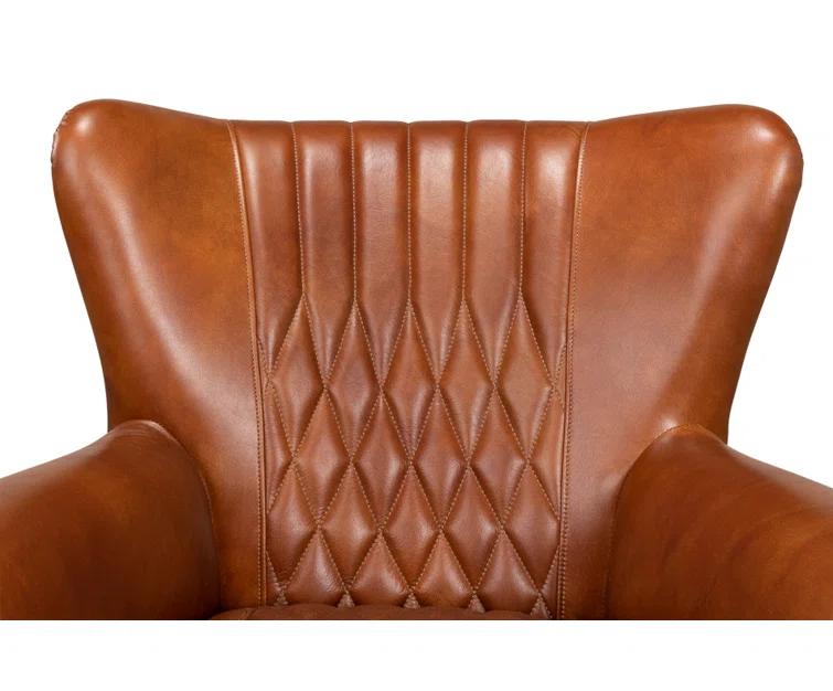 Transitional Bugatti Brown Leather & Wood Wingback Arm Chair