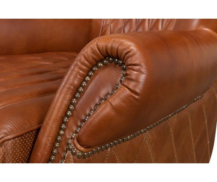 Transitional Bugatti Brown Leather & Wood Wingback Arm Chair