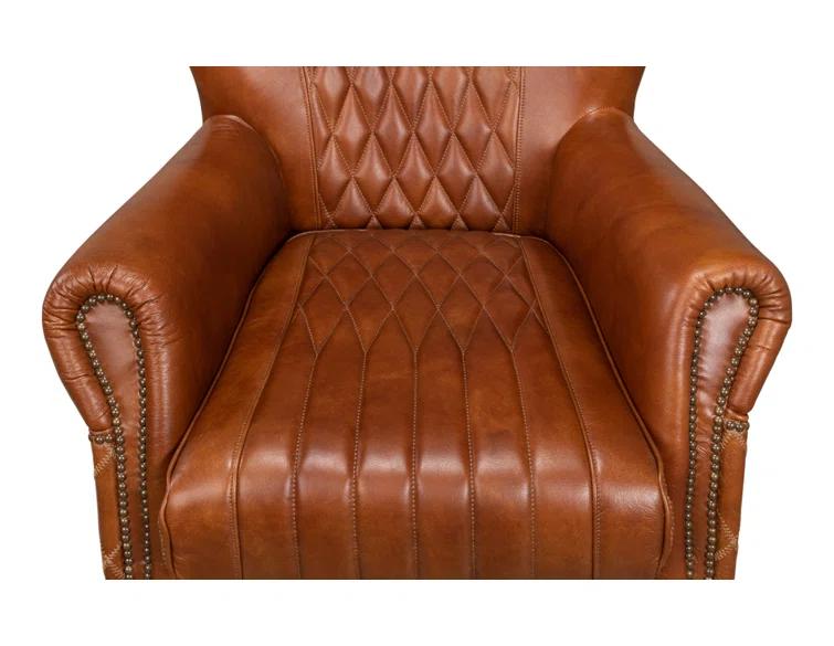 Transitional Bugatti Brown Leather & Wood Wingback Arm Chair