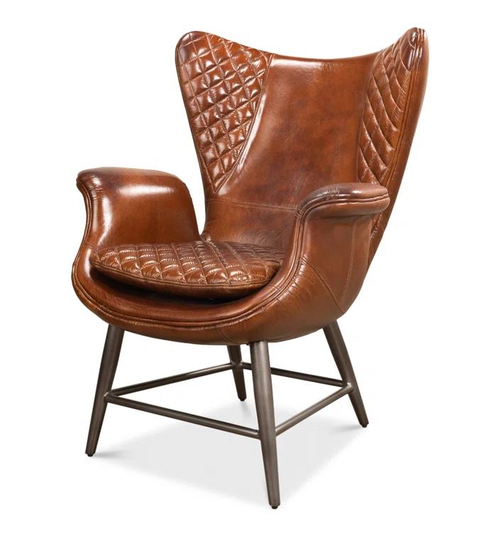 Contemporary Quilted Genuine Leather Balloon Arm Chair in Rich Brown