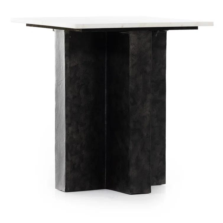 Contemporary Marlow Square End Table in Polished White Marble and Raw Black