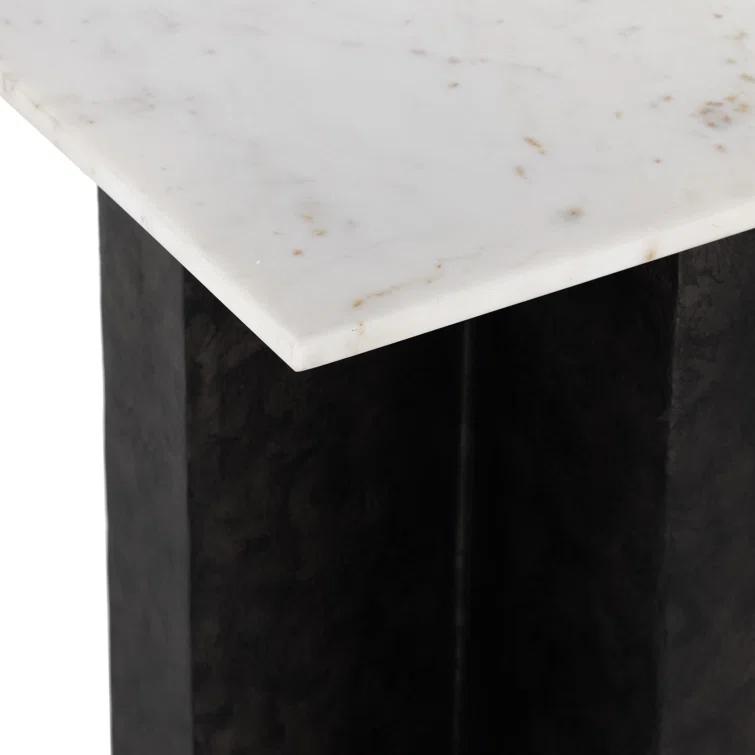 Contemporary Marlow Square End Table in Polished White Marble and Raw Black
