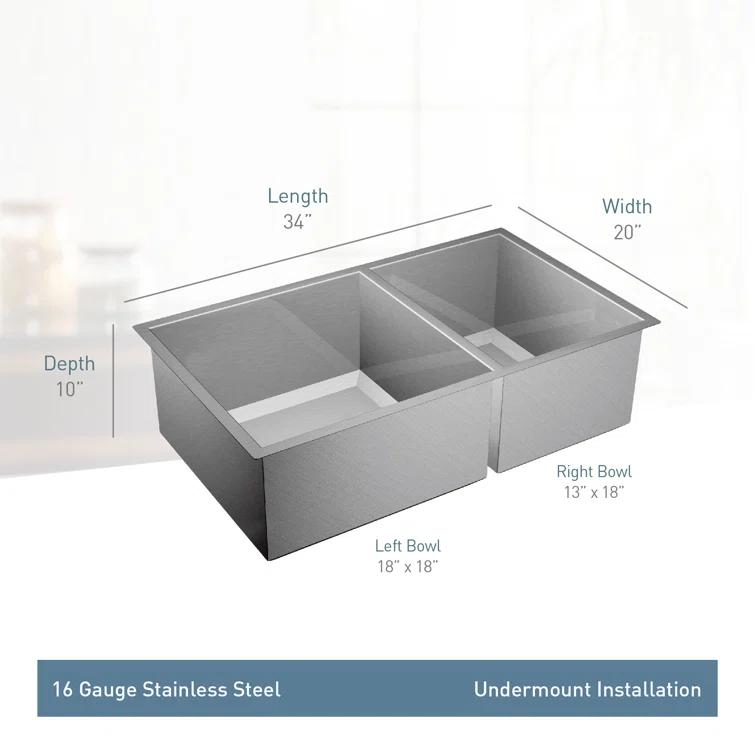 Prep 1600 Series Stainless Steel Undermount 34" x 20" Double Bowl Kitchen Sink