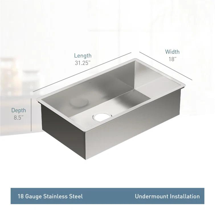 Prep 1800 Series Stainless Steel Undermount 31" x 18" Single Bowl Kitchen Sink