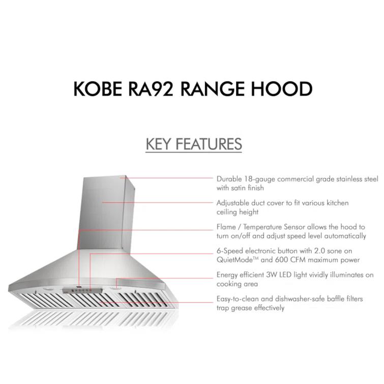 Kobe Range Hoods 36" Stainless Steel 800 CFM Ducted (Vented) Wall Range Hood with Baffle Filter