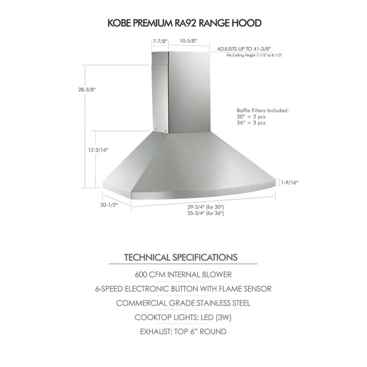 Kobe Range Hoods 36" Stainless Steel 800 CFM Ducted (Vented) Wall Range Hood with Baffle Filter