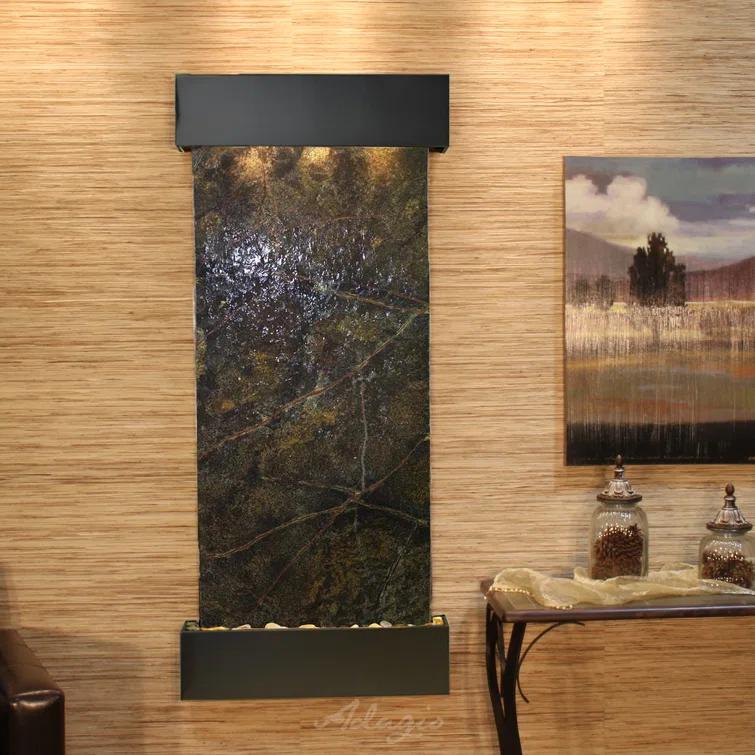 Green Marble and Blackened Copper Wall Fountain with Halogen Lighting