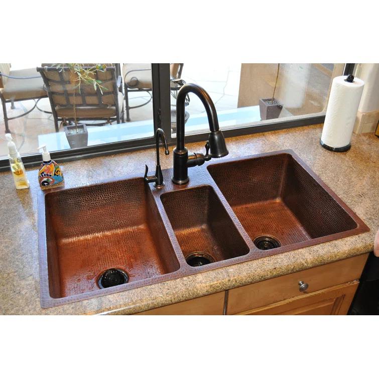 42" Hammered Copper Triple Basin Kitchen Sink