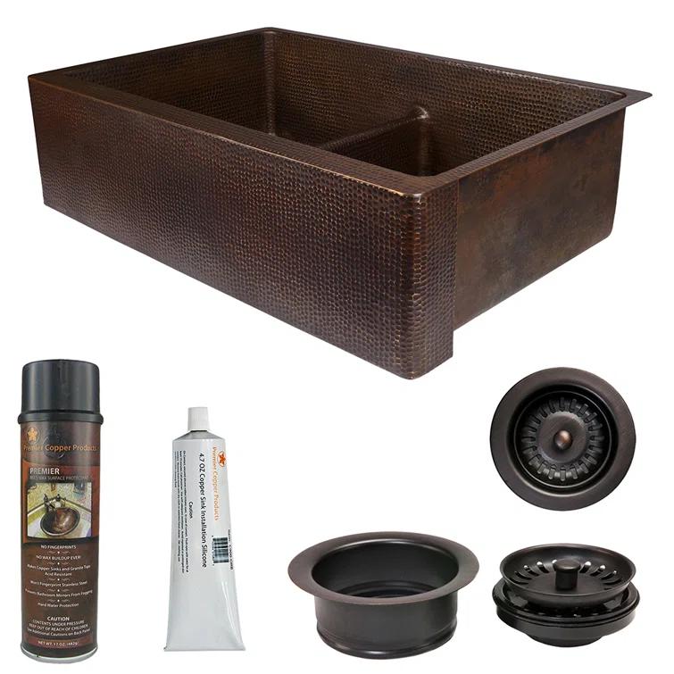 33" Hammered Copper Kitchen Apron 50/50 Double Basin Sink with Short 5" Divider w/ Matching Drains and Accessories