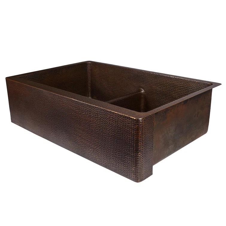 33" Hammered Copper Kitchen Apron 50/50 Double Basin Sink with Short 5" Divider w/ Matching Drains and Accessories