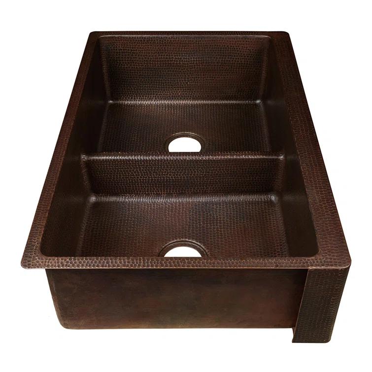 33" Hammered Copper Kitchen Apron 50/50 Double Basin Sink with Short 5" Divider w/ Matching Drains and Accessories