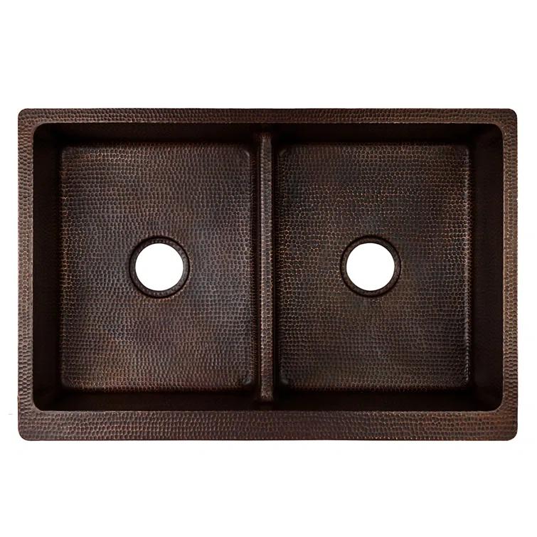 33" Hammered Copper Kitchen Apron 50/50 Double Basin Sink with Short 5" Divider w/ Matching Drains and Accessories