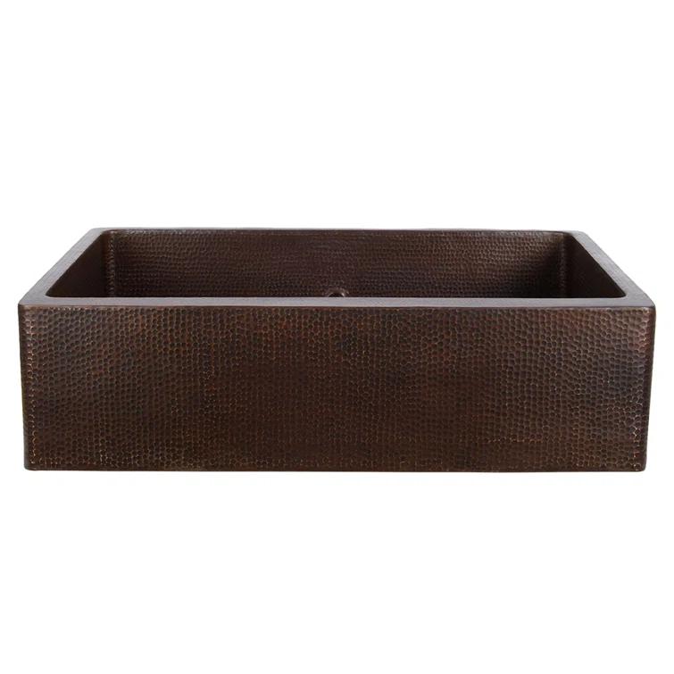 33" Hammered Copper Kitchen Apron 50/50 Double Basin Sink with Short 5" Divider w/ Matching Drains and Accessories