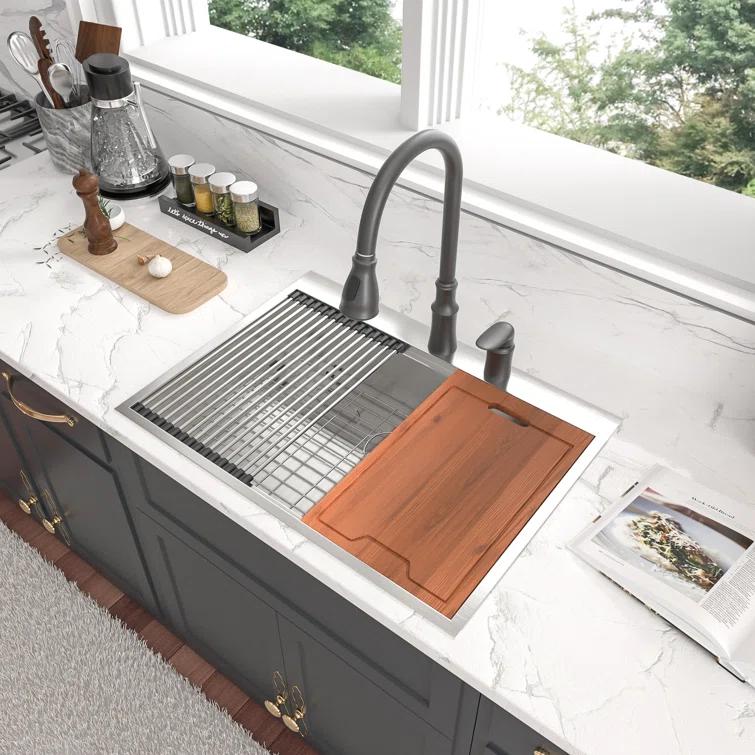Sarlai S-LTS3022A1 30" L x 22" W Drop-In Workstation Single Bowl Stainless Steel Kitchen Sink