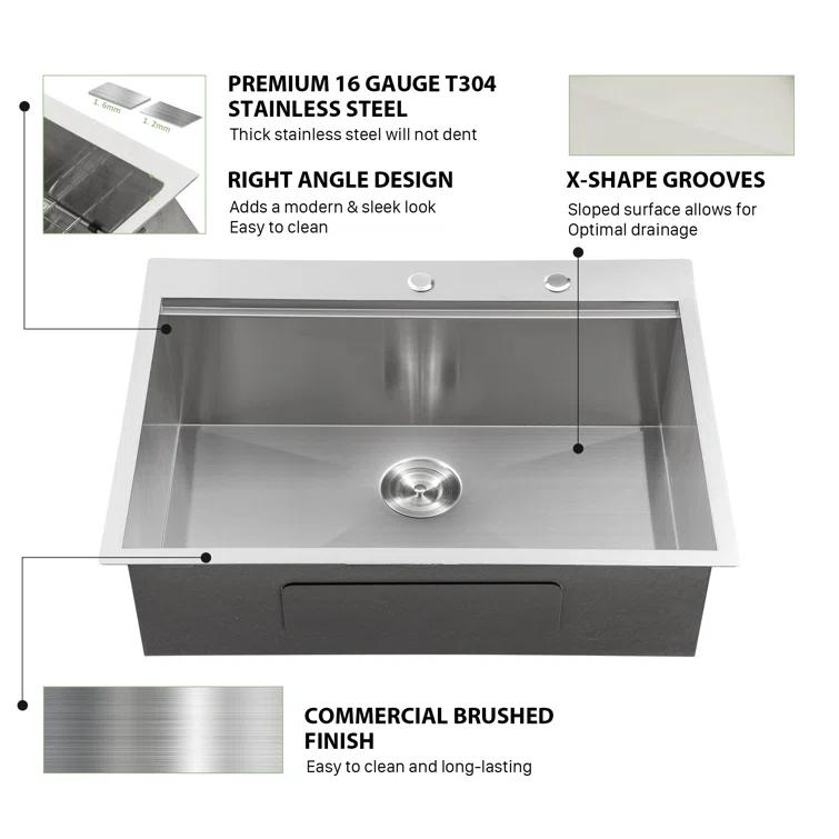 Sarlai S-LTS3022A1 30" L x 22" W Drop-In Workstation Single Bowl Stainless Steel Kitchen Sink