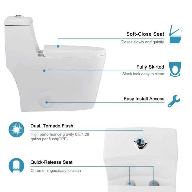 Greta Tornado Powerful Flush One-Piece Toilet, 1.28 GPF Elongated Floor Mounted