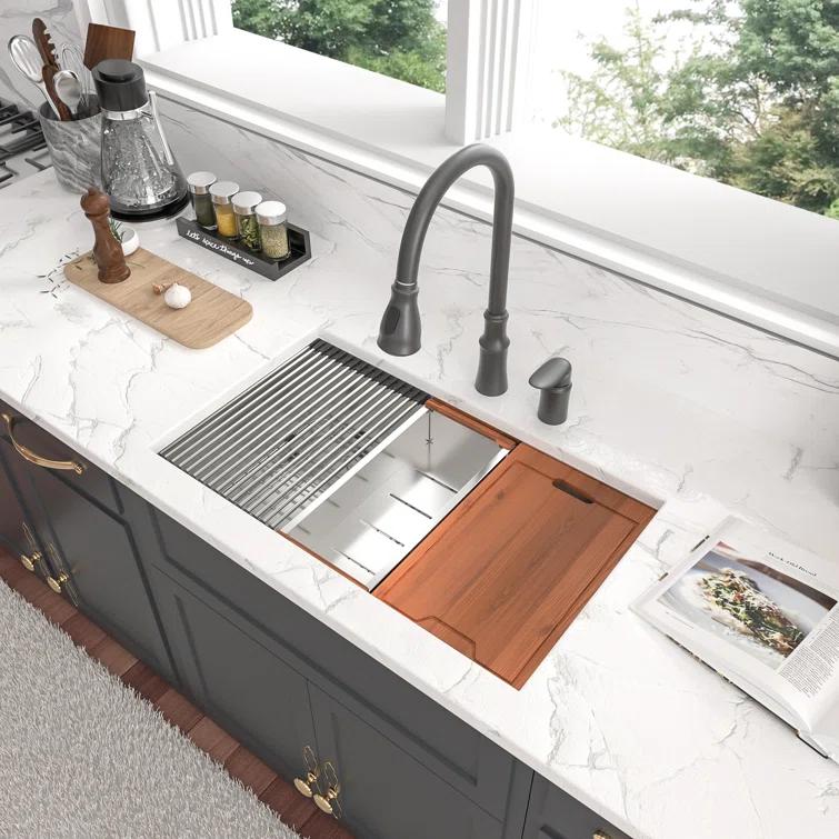Sarlai S-LUS3319A1 33" L x 19" W Undermount Kitchen Sink Single Bowl 16 Guage Stainless Steel Workstation Sink with Accessories