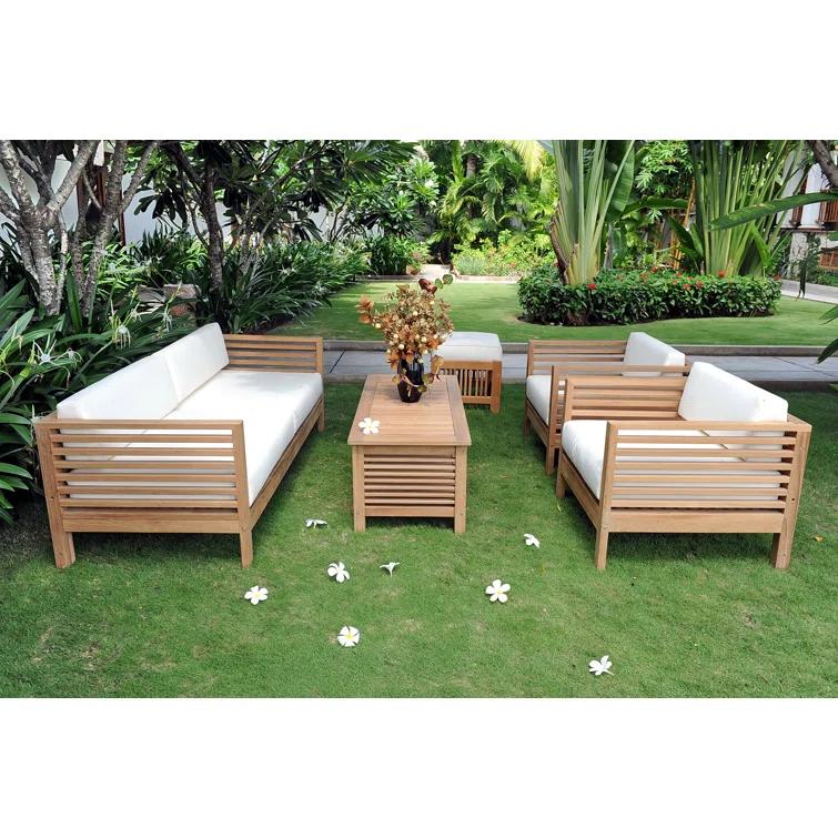 Summer Natural Teak Patio Sofa Set with White Sunbrella Cushions