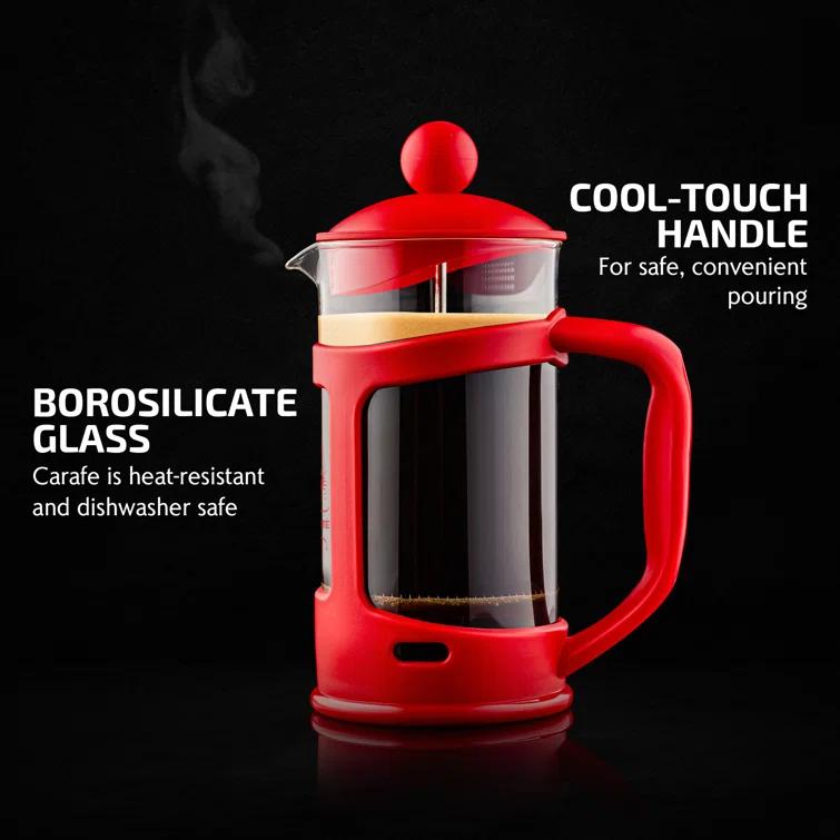 Ovente FPT34R OVENTE French Press Coffee Maker, Heat Resistant Borosilicate Glass with 4 Filter Stainless-Steel System, BPA-Free Portable Pitcher Perfect for Hot & Cold Brew