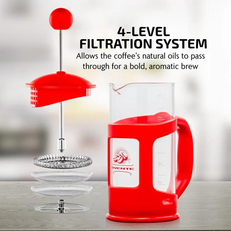 Ovente FPT34R OVENTE French Press Coffee Maker, Heat Resistant Borosilicate Glass with 4 Filter Stainless-Steel System, BPA-Free Portable Pitcher Perfect for Hot & Cold Brew